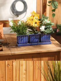 Set of 3 Blue Square Ceramic Small Planters - Ideal for Indoor and Outdoor Plants