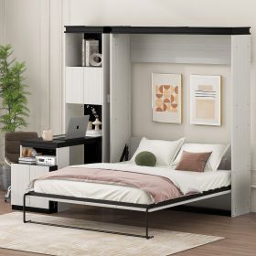Full Size Murphy Bed with Desk and Storage Shelves and Cabinets, Black+White