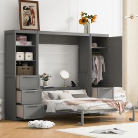 Queen Size Murphy Bed Wall Bed with Closet ,Drawers and Shelves,Gray