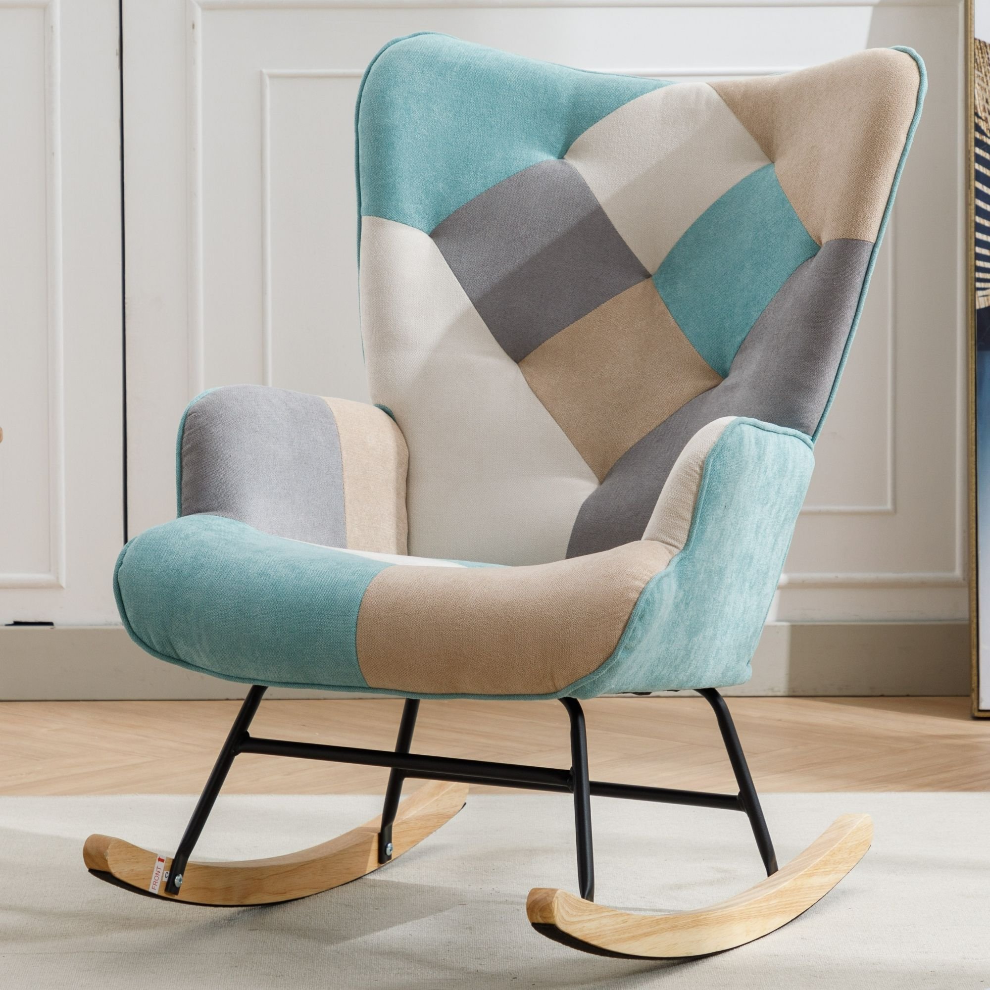 36.6 Inch Soft Seating Patchwork Accent Rocking Chair With Solid Wood Armrest And Feet 36.6 Inch Soft Seating Patchwork Accent Rocking Chair With Solid Wood Armrest And Feet