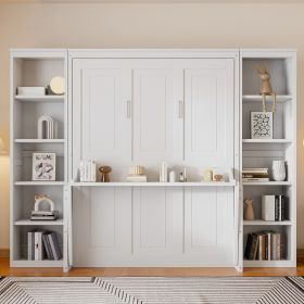 Queen Size Murphy Bed with Desk and Bookshelf, White(ETA:12.7)
