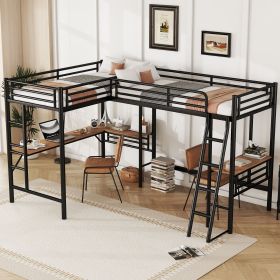 Twin Size Metal Loft Bed with Two Built-in Desks,Black