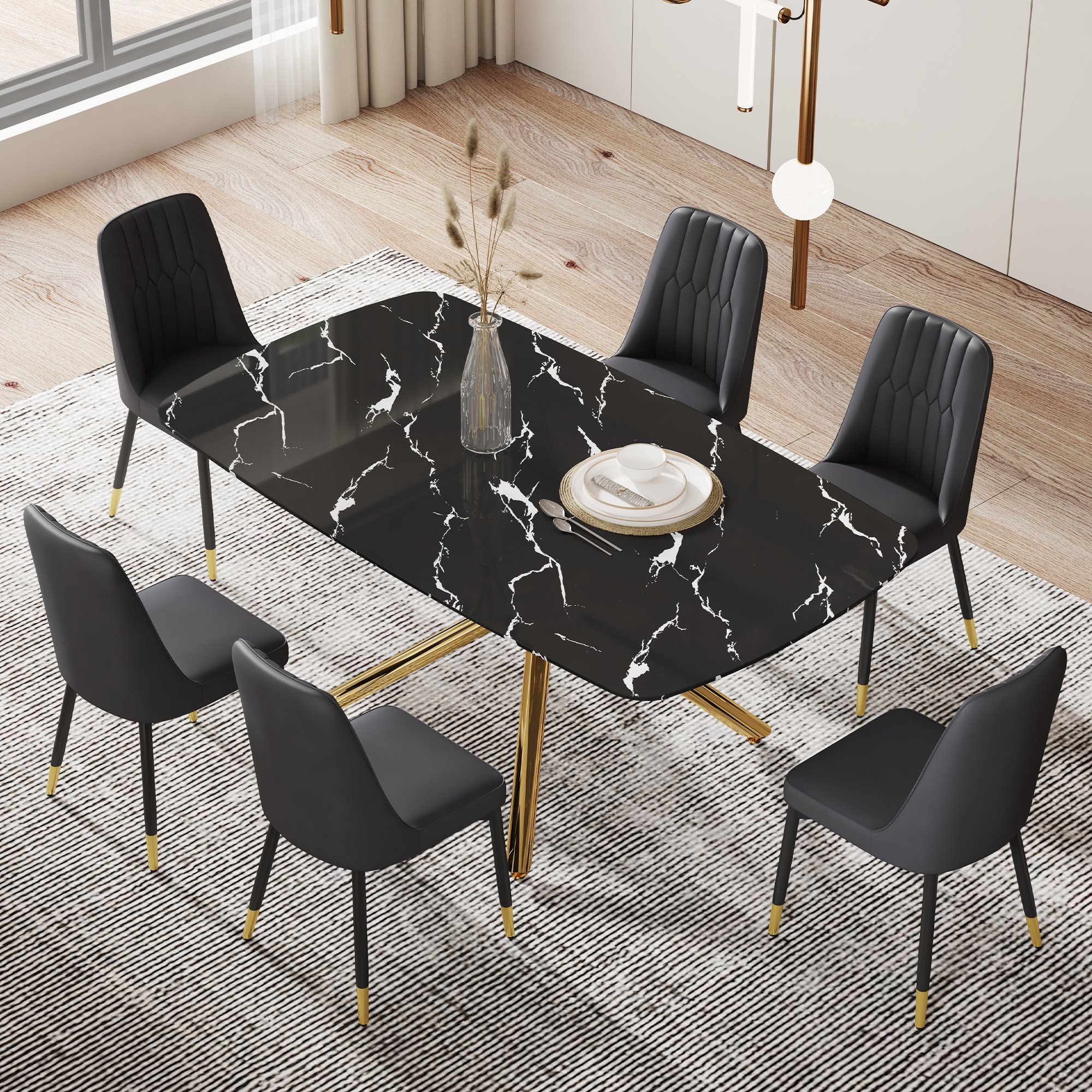 Large modern minimalist rectangular dining table with 0.39 "imitation marble black tabletop and golden metal legs, paired with chairs with PU cushions Large modern minimalist rectangular dining table with 0.39 "imitation marble black tabletop and golden metal legs, paired with chairs with PU cushions