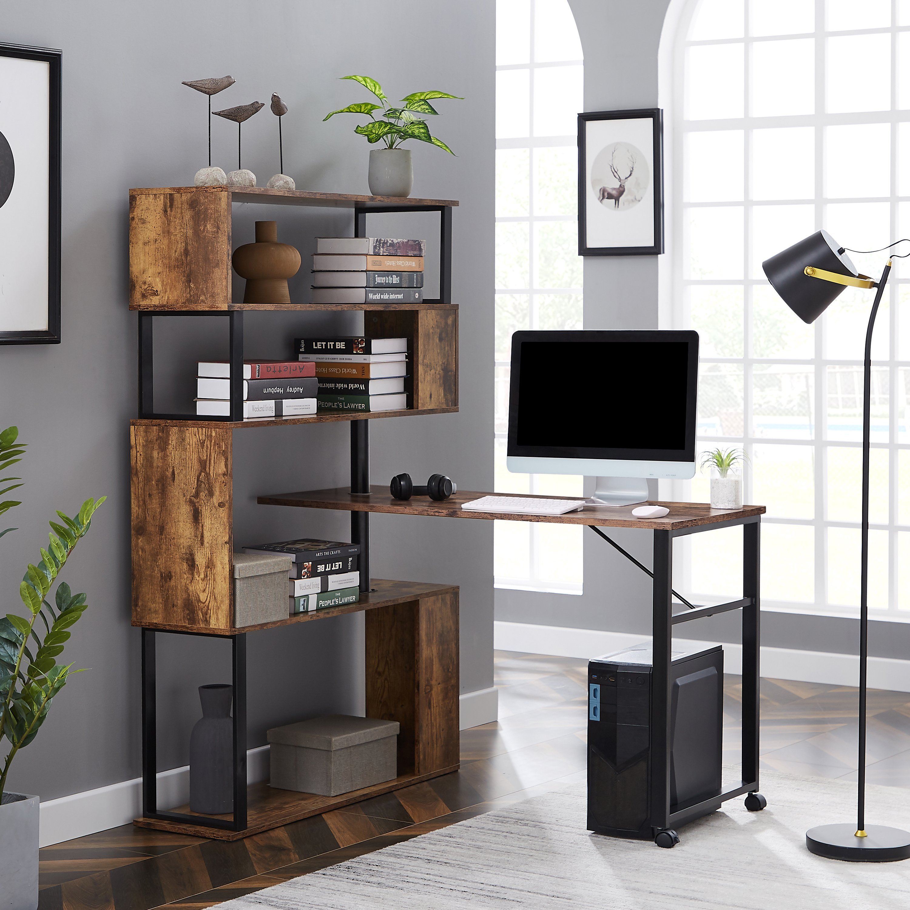 Home Office Computer Desk L-Shaped Corner Table; Rotating Computer Table with 5-Story Bookshelf; four installation methods; Lockable casters (Tiger) R Home Office Computer Desk L-Shaped Corner Table; Rotating Computer Table with 5-Story Bookshelf; four installation methods; Lockable casters (Tiger) R