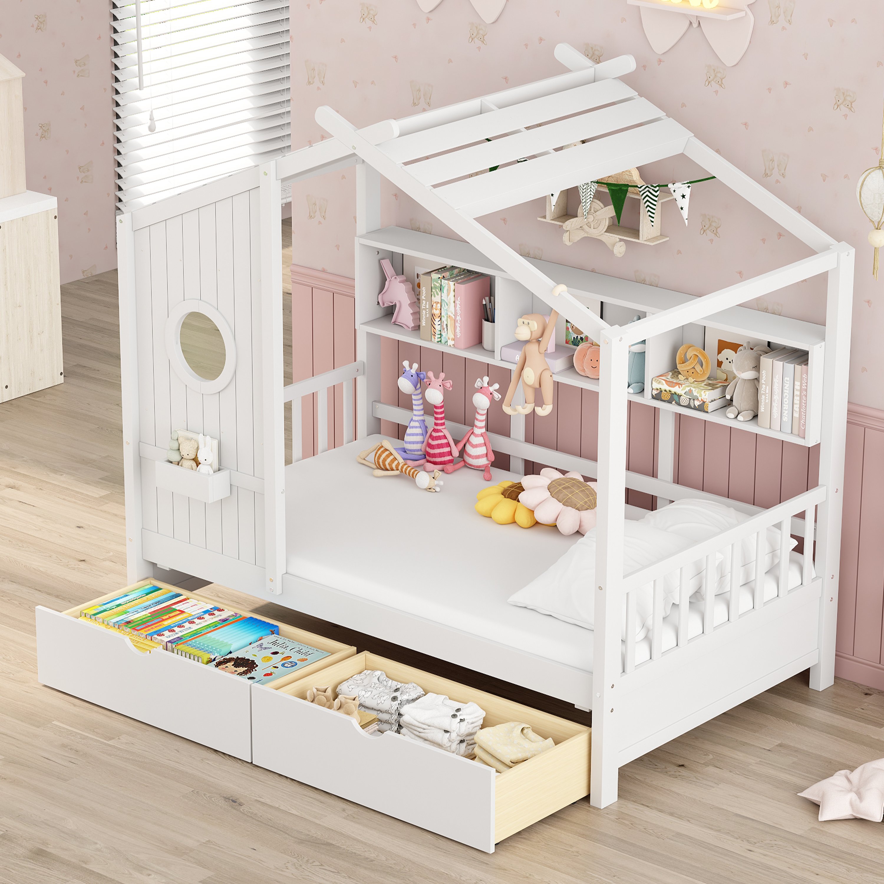 Wooden Twin Size House Bed with 2 Drawers,Kids Bed with Storage Shelf, White Wooden Twin Size House Bed with 2 Drawers,Kids Bed with Storage Shelf, White