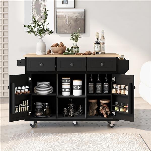 Kitchen Cart with Rubber wood Drop-Leaf Countertop ,Cabinet door internal storage racks,Kitchen Island on 5 Wheels with Storage Cabinet and 3 Drawers Kitchen Cart with Rubber wood Drop-Leaf Countertop ,Cabinet door internal storage racks,Kitchen Island on 5 Wheels with Storage Cabinet and 3 Drawers