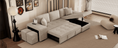 104" Modern L-Shape 3 Seat Reversible Sectional Couch, Pull Out Sleeper Sofa with Storage Chaise and 2 Stools for Living Room Furniture Set, Cream