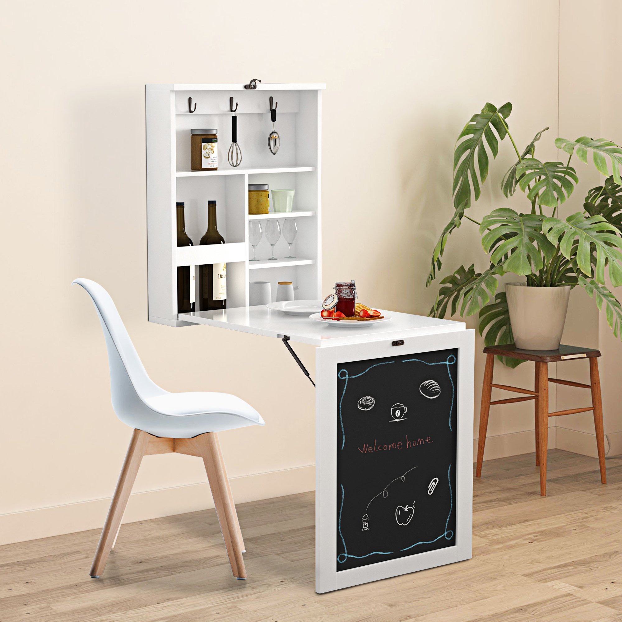 Floating Wall Mounted Table, Foldable Desk with Storage Shelves and Blackboard Floating Wall Mounted Table, Foldable Desk with Storage Shelves and Blackboard